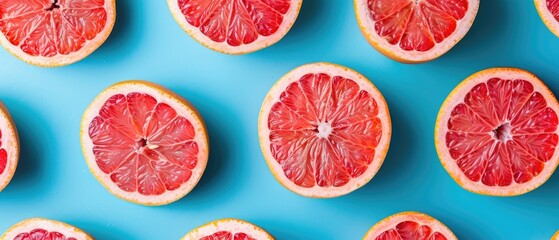 Grapefruit halves arranged on colorful background. Flat lay composition with copy space for citrus fruit and food design. Top down aerial view of citrus fruit sliced with red flesh. Healthy. AIG55.