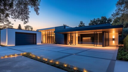 Fototapeta premium Modern warehouse exterior with sleek blue and white design, loading bays lined up symmetrically, golden hour light casting soft shadows 