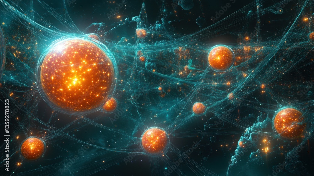 Poster glowing orange spheres connected by intricate web structures are visible