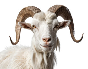 Fototapeta premium Close-up portrait of a mountain goat with horns in a natural farm setting, PNG