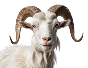 Close-up portrait of a mountain goat with horns in a natural farm setting, PNG