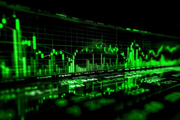 Fototapeta premium Dynamic financial market data displayed in green, illustrating upward trends and digital analytics.