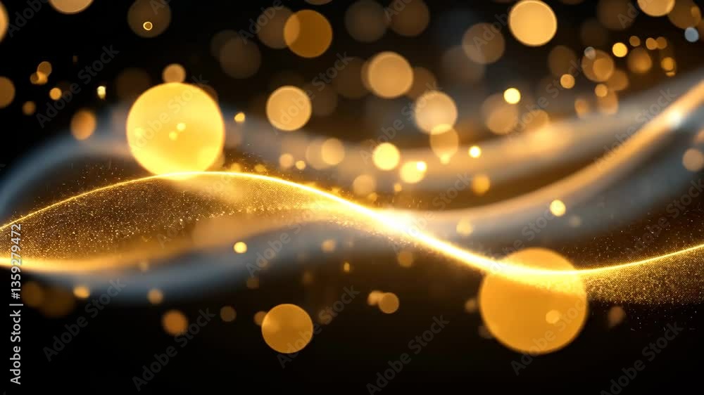 Poster abstract golden wavy lines with sparkling particles and bokeh lights on dark background