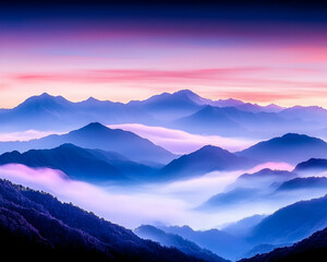 Fototapeta premium Misty sunrise over layered mountains