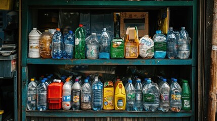 Bottled Array: An organized shelf displays a collection of varied plastic bottles, showcasing different shapes, sizes, and colors. Each bottle stands as a reminder of consumerism, sustainability.