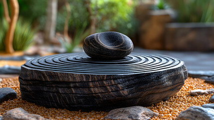 Serene Stone Sculpture: A captivating close-up of a zen-inspired stone sculpture, showcasing intricate details and textures with natural materials.