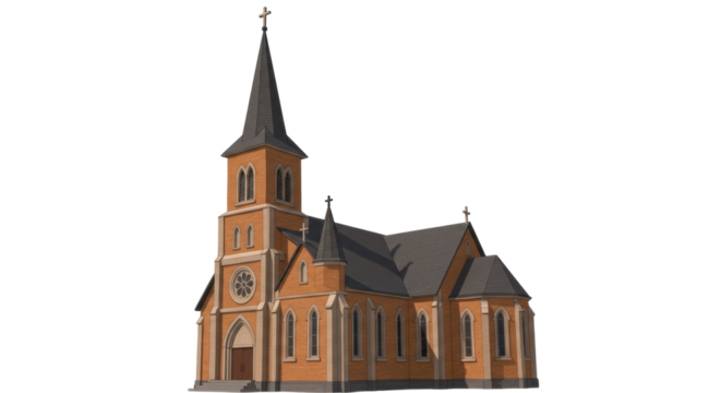 Isolated Classic Church Building with Architectural Detail and Steeple