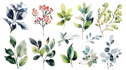 Watercolor botany picture of natural leaf and flora arranged as set. Group of vividness flower and herbal or tree leaves express beautiful element of nature perfect for study biology knowledge. AIG53.