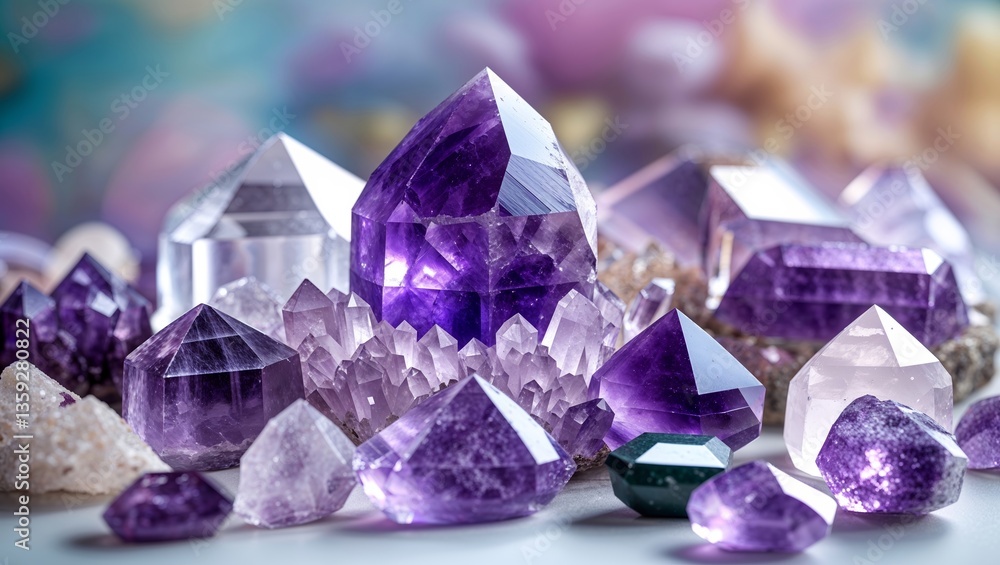 Poster stunning display of amethyst and quartz crystals captured in soft lighting on a smooth surface