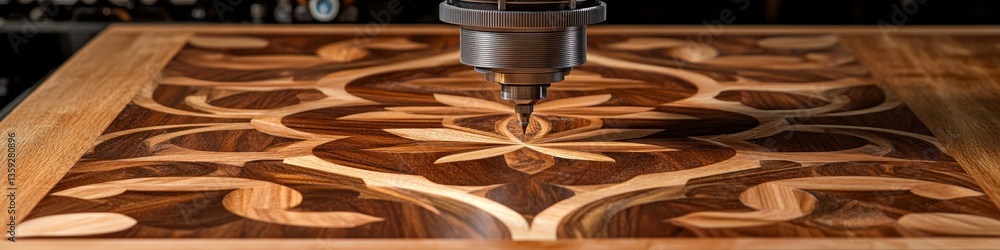 Poster cnc router creating intricate floral patterns in dark walnut wood woodworking and design