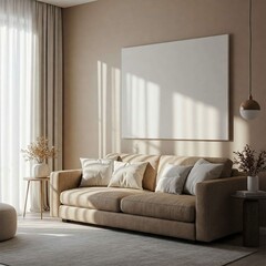 Fototapeta premium Large Blank Poster Frame Above Cozy Sofa with Afternoon Light – Minimalist Living Room Wall Art Mockup