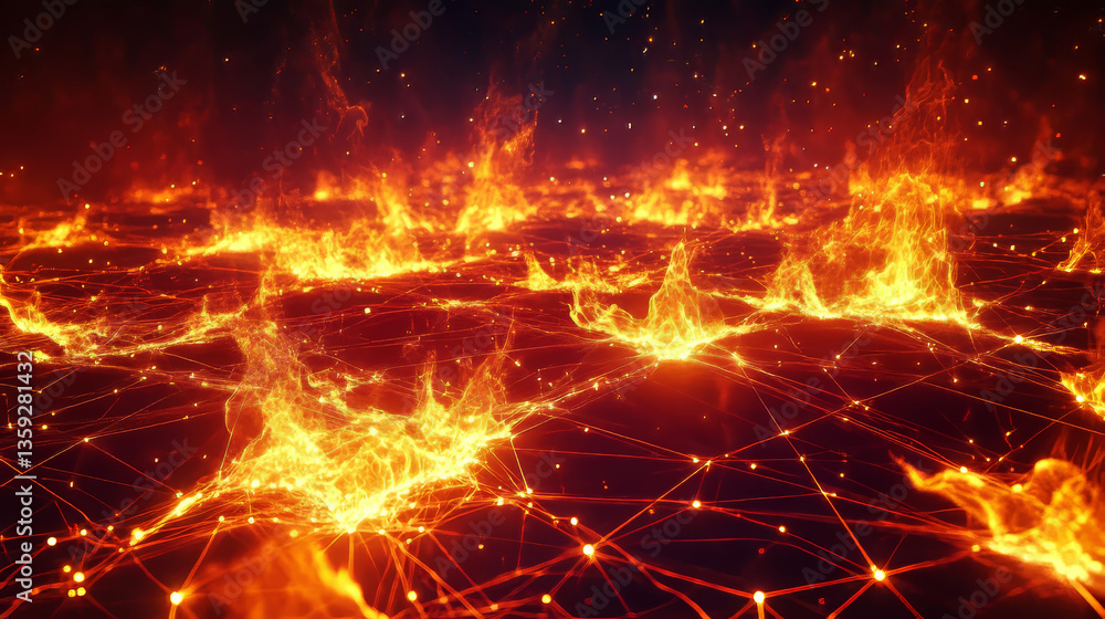 Poster digital web. global computer wireless network. abstract 3d illustration of a flaming polygonal mesh 
