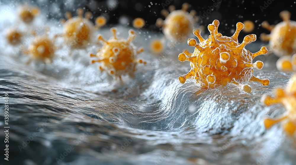 Poster microscopic world: an artistic visualization of virus particles interacting with cells, showcasing t