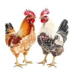 Fototapeta premium Two chickens together in a natural setting with vibrant colors and a bright sunny background white isolate background