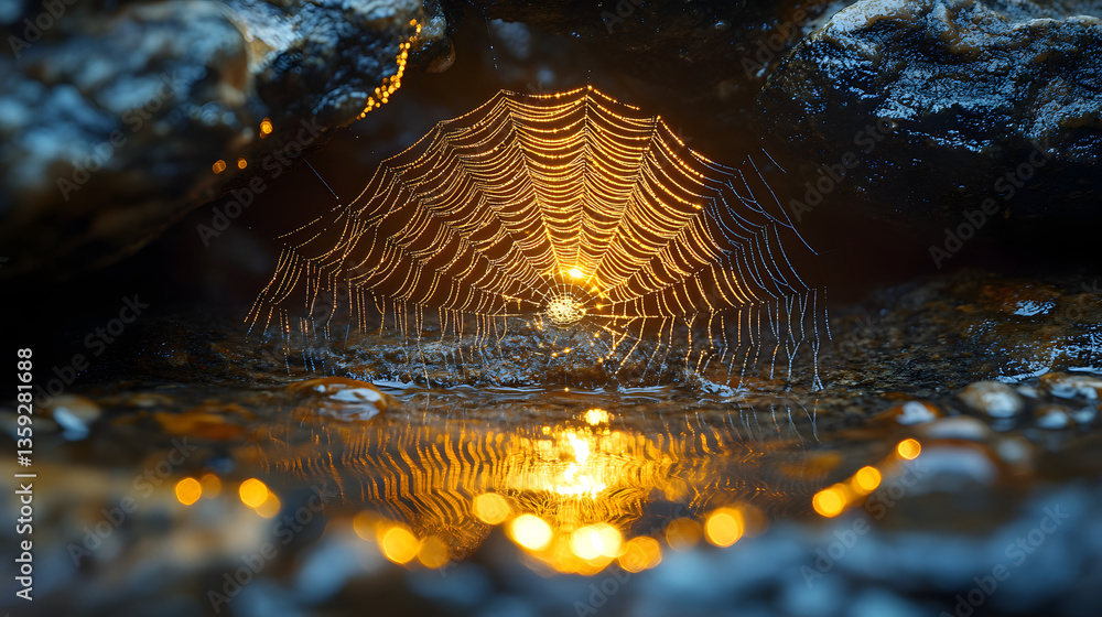 Poster ephemeral webs: an ethereal spider web glistens within a stone recess, its delicate structure illumi