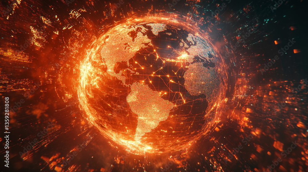 Poster digital web. global computer wireless network. abstract 3d illustration of a flaming polygonal mesh 
