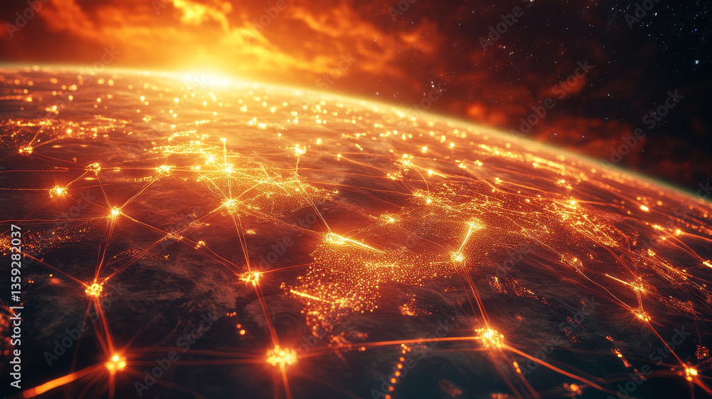 Poster big data concept. global computer wireless network. abstract 3d illustration of a flaming polygonal 