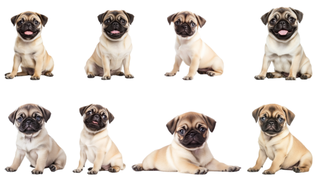 Pug puppies, multiple poses, cute dogs, fawn fur, wrinkled faces, big eyes, sitting, lying down, white background, studio photography, adorable pets, small breed, puppy expressions, dog collage
