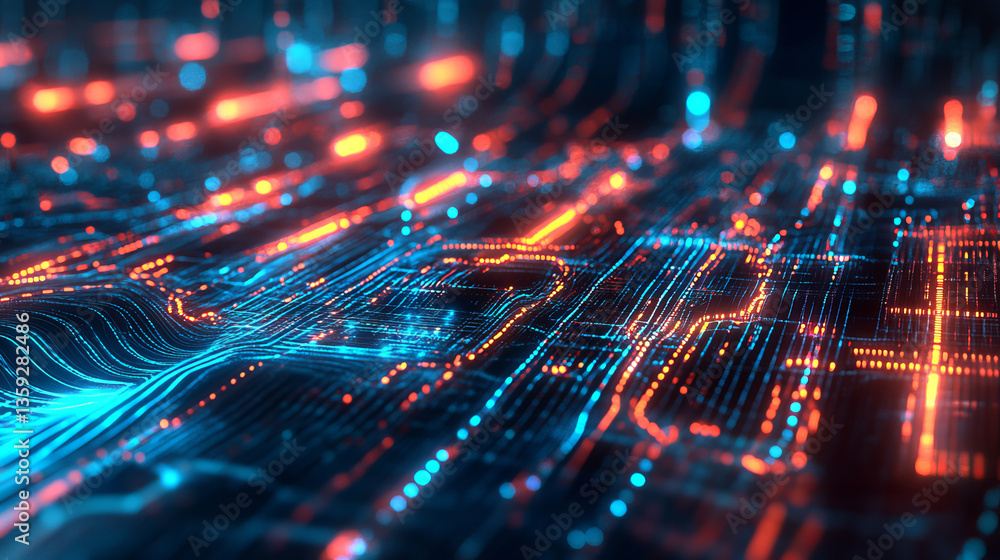 Poster synthetic mind of abstract neural networks. science and technology innovation. neon strings of wavy 