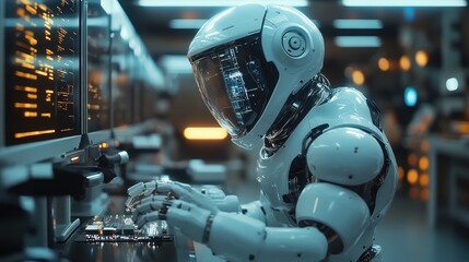 Fototapeta premium Futuristic Robot Working on Server Room