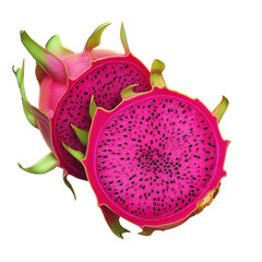A delicious dragon fruit featuring its bright pink exterior and green leafy scales perfectly positioned on a white surface white isolate background
