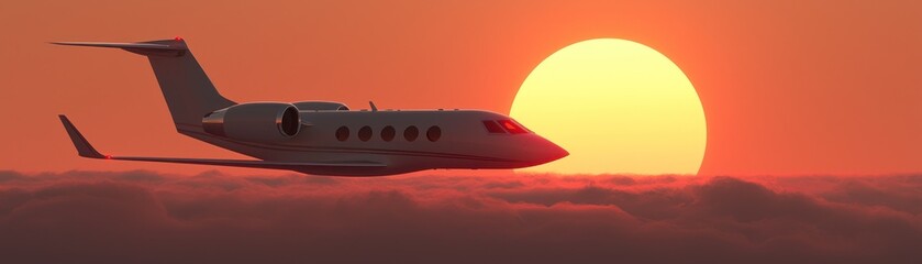 A Private Jet Flying Above Clouds In A Fiery Sky