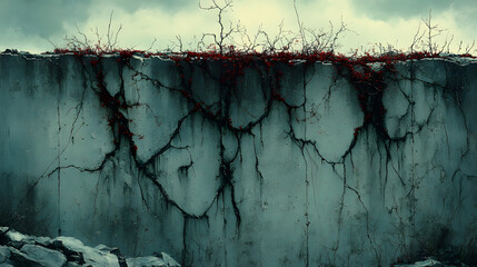 A Weathered Wall: A close-up, dramatic image captures the texture of a weathered wall, adorned with intricate cracks and subtle variations in texture. Overlaid with delicate, ethereal red elements.