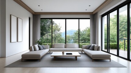 Fototapeta premium Modern living room design with large windows showcasing nature and minimalist furniture in contemporary style