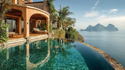 Obraz premium Opulent oceanfront escape, villas perched on cliffs, infinity pools reflecting the sea and sky, golden tropical sunlight enhancing the view 