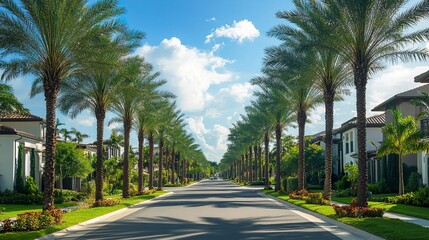 Obraz premium Opulent palm-lined avenue, luxury tropical homes with minimalist designs, vibrant green palms under sunny skies 
