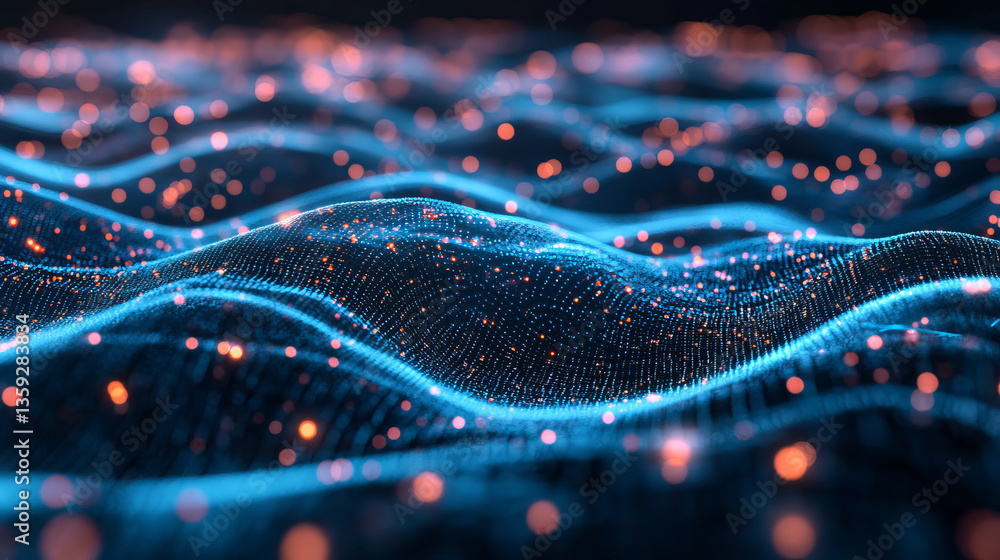 Poster big data field of a stream of interlaced strings. 3d illustration of wavy cyberspace