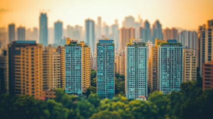 Obraz premium City Skyline in Sunset Glow: A captivating urban panorama, where sleek skyscrapers and residential buildings stand tall against the backdrop of a warm, hazy sunset.