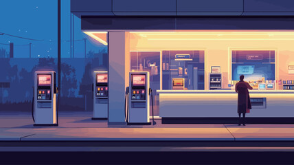 The image is a digital illustration depicting a modern gas station convenience store at night.  The scene is rendered in a minimalist style with muted color tones, primarily blues and warm yellows