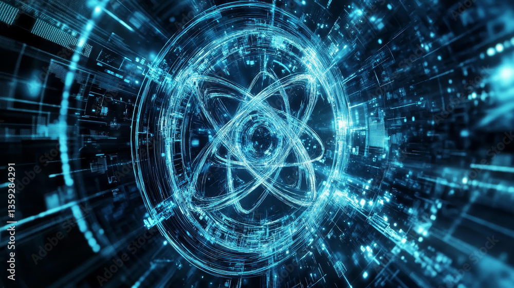 Poster atom. 3d illustration of an atomic reactor. bbasis of universe. study of structure of universe. hadr