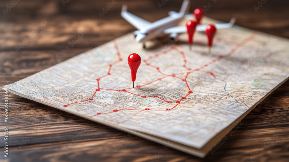 Poster map navigation vector illustration with folded style and red pins centered on location points and ai