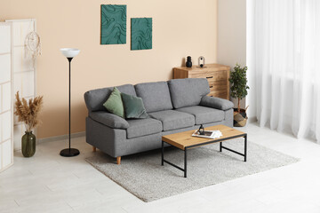 Interior of modern living room with black sofa and coffee table