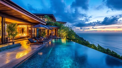 Fototapeta premium Opulent villa with infinity pool overlooking vast ocean views, modern architecture, glass walls, and lush greenery, twilight ambiance 