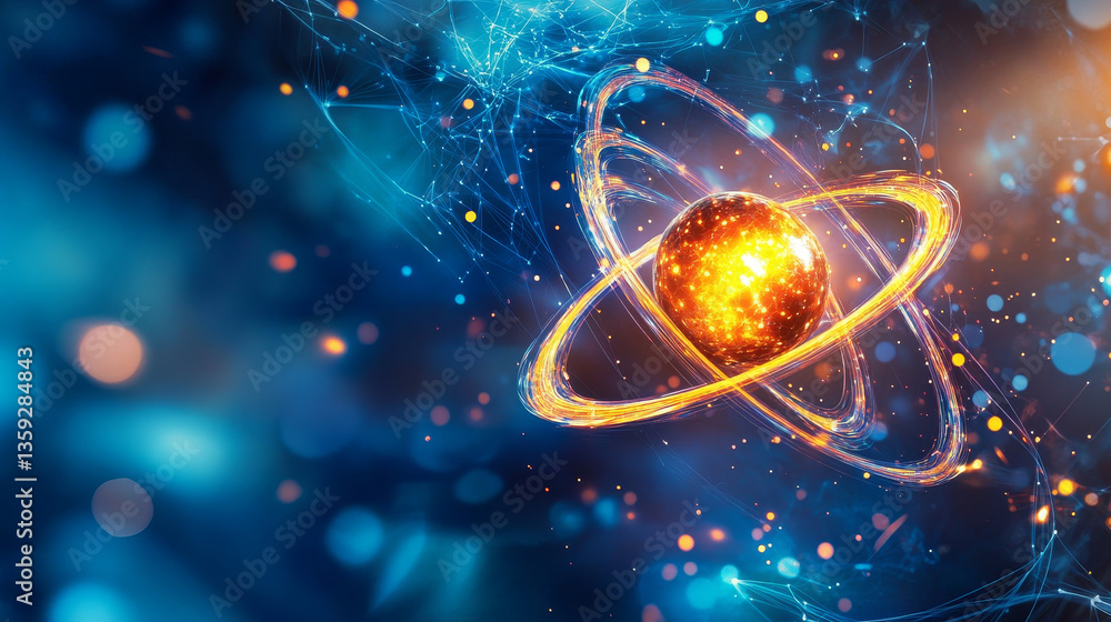 Poster atom 3d illustration. basis of universe. particle of god, first matter. study of structure of univer