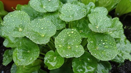 Close up of green plant with water droplets on many leaves