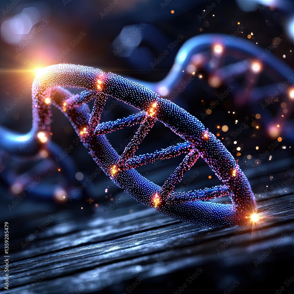 Poster vibrant dna helix structure with glowing particles and bokeh background in scientific illustration s