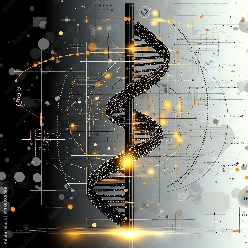 Aufkleber abstract genetic helix structure with data visualization elements and warm color accents in a modern