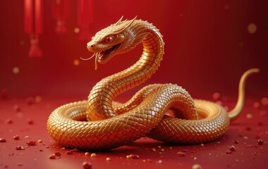 Obraz premium Golden Snake Sculpture on Red Background Symbolizing Chinese New Year