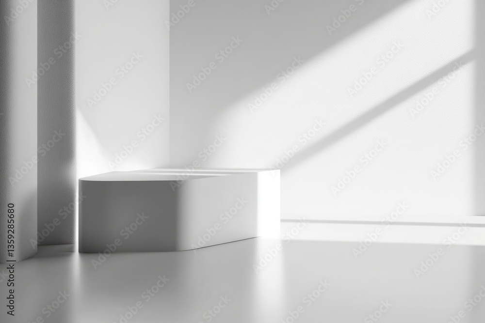 Poster a white room with a white bench in the corner. simple, elegant gradient background in gray tones, pr