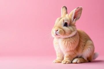 Adorable fluffy rabbit sitting on a soft pink backdrop, background, pet