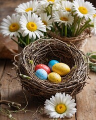 Nid avec des oeufs de Pâques et des marguerites autour.