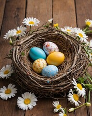 Nid n'oiseau garni d'oeufs de Pâques colorés
