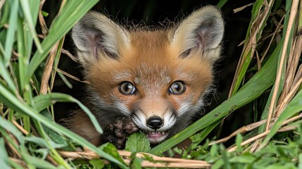 Obraz premium A curious young fox peeks from behind green blades of grass
