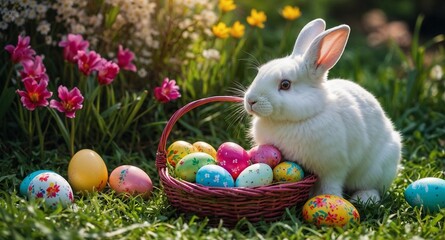 Lapin blanc avec panier garni d'oeufs de Pâques et avec fleurs violettes