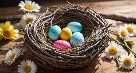 Nid avec oeufs de Pâques colorés