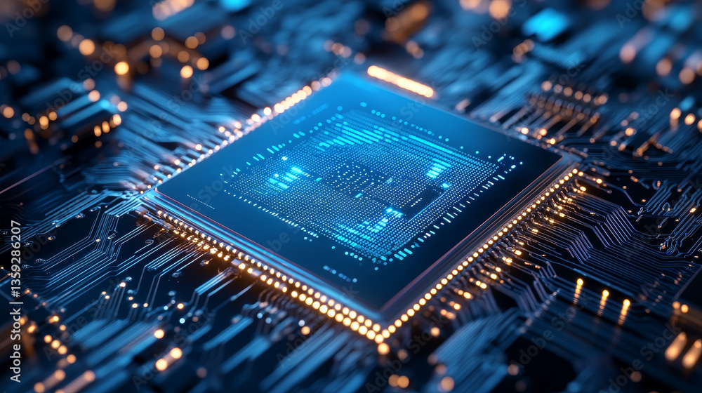 Poster futuristic processor, cpu 3d illustration. a quantum computer is a global digital network. processin
